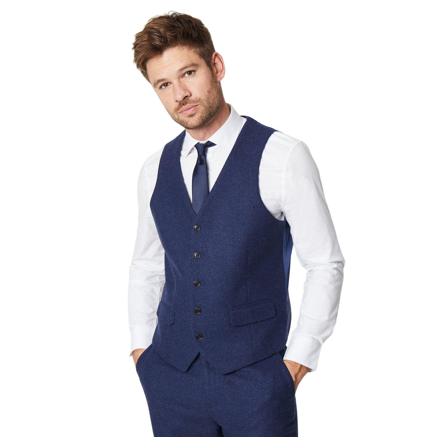 Navy - Front - Burton Mens Tweed Waistcoat