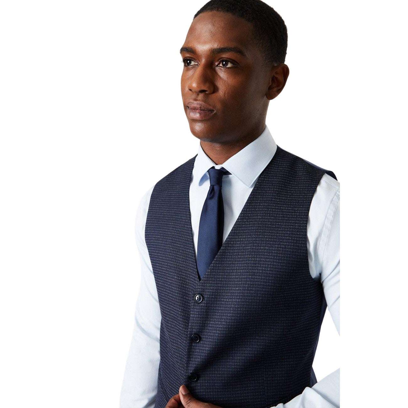 Grey - Side - Burton Mens Tonal Grid Check Slim Waistcoat