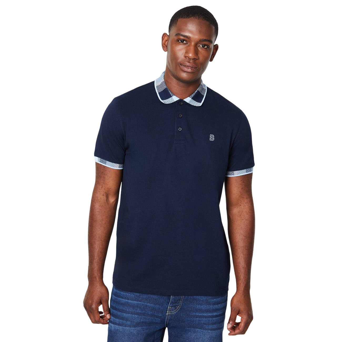 Navy - Front - Burton Mens Checked Collar Polo Shirt