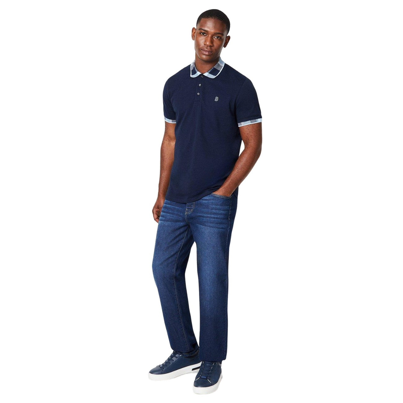 Navy - Side - Burton Mens Checked Collar Polo Shirt