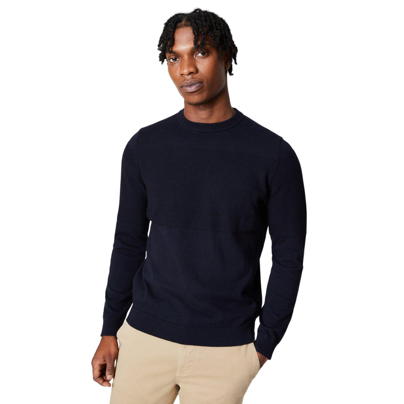 Navy - Front - Burton Mens Placement Popcorn Textured Crew Neck Jumper