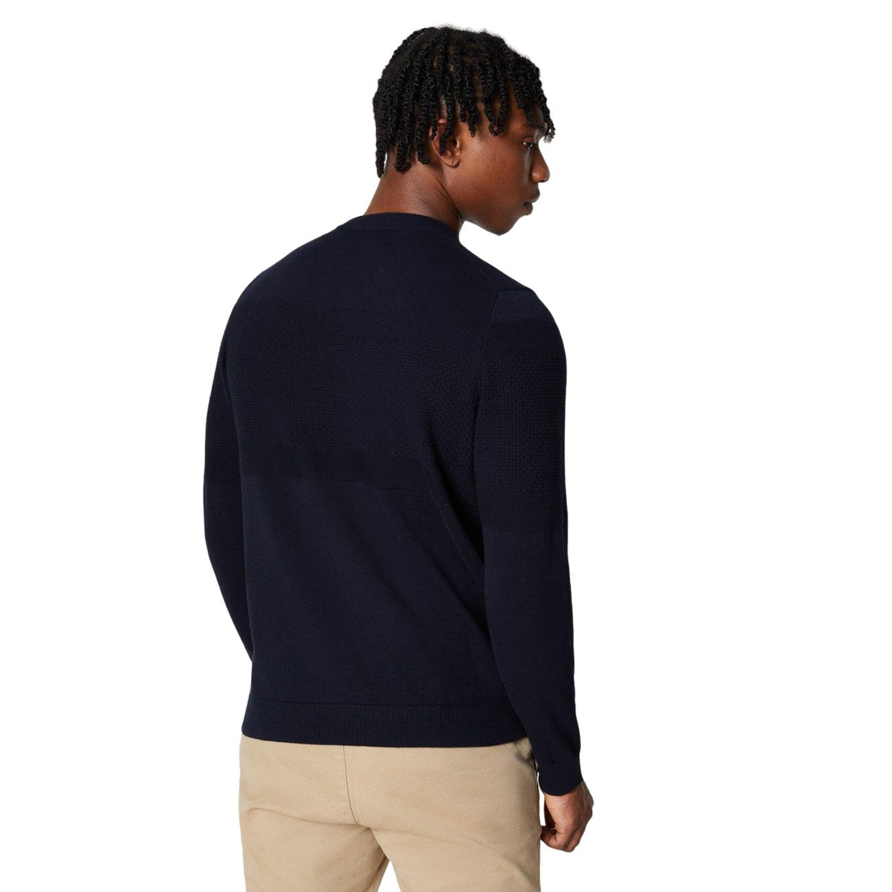 Navy - Back - Burton Mens Placement Popcorn Textured Crew Neck Jumper