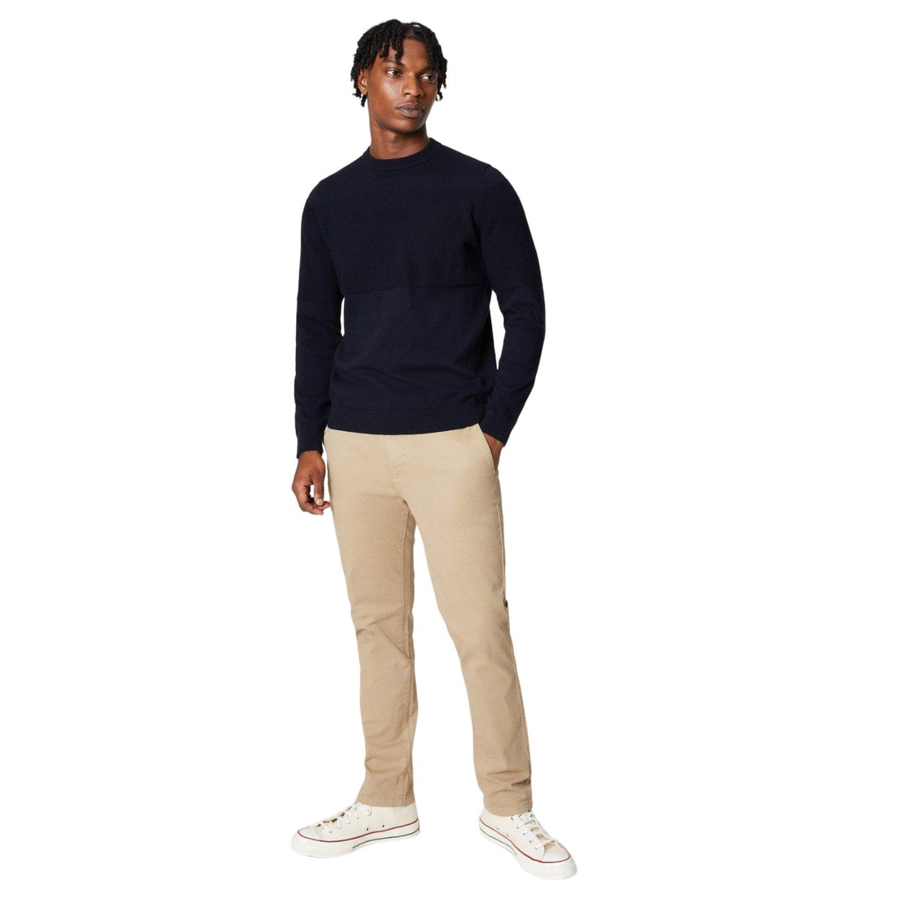 Navy - Side - Burton Mens Placement Popcorn Textured Crew Neck Jumper