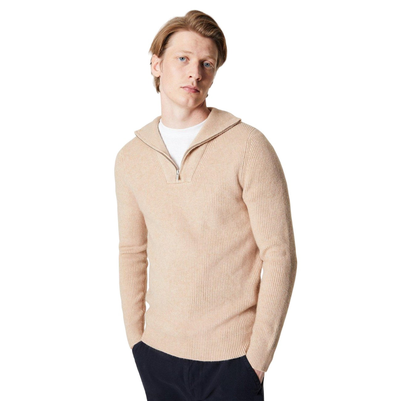 Oatmeal - Front - Burton Mens Fisherman Zip Neck Jumper