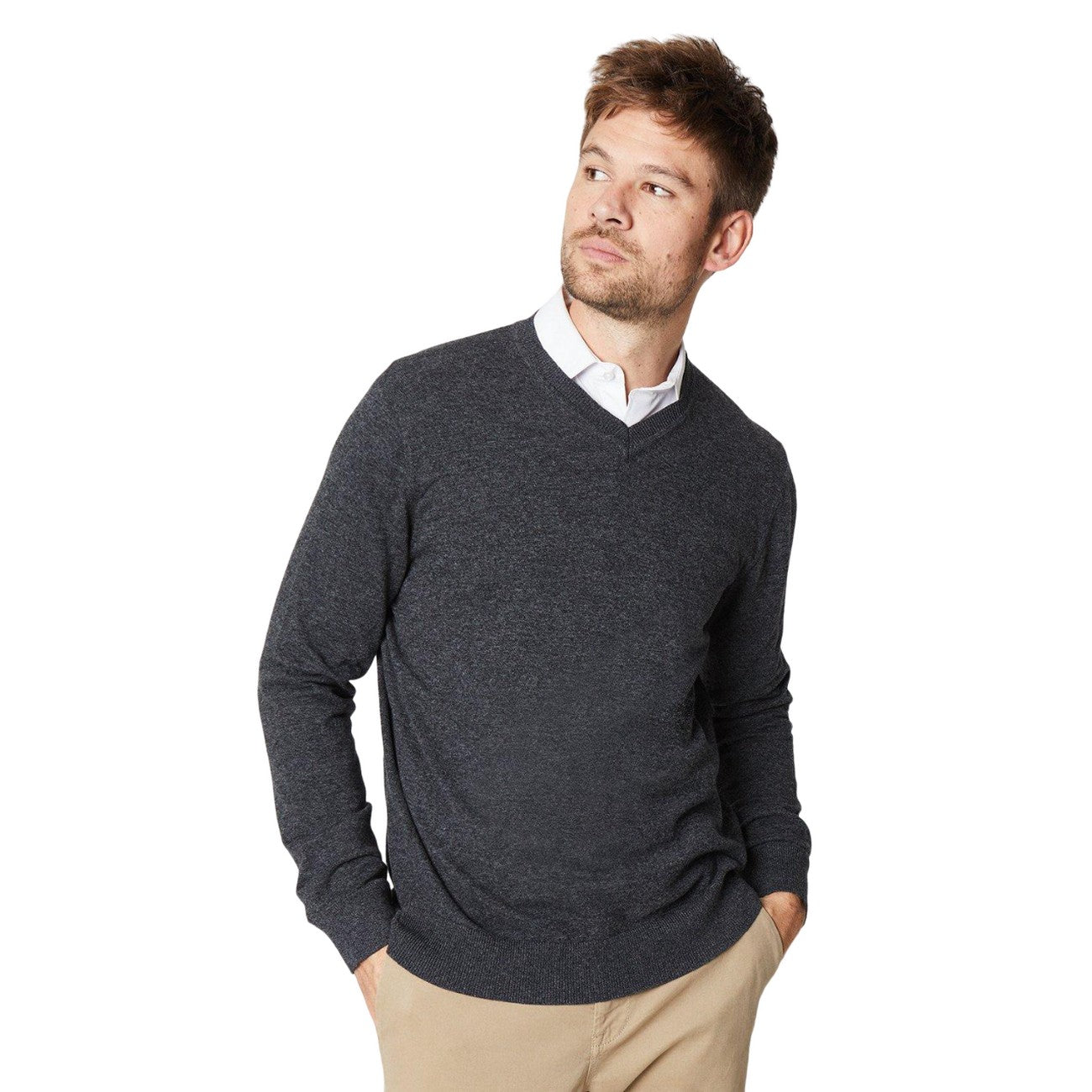 Charcoal - Front - Burton Mens Rich Cotton V Neck Jumper