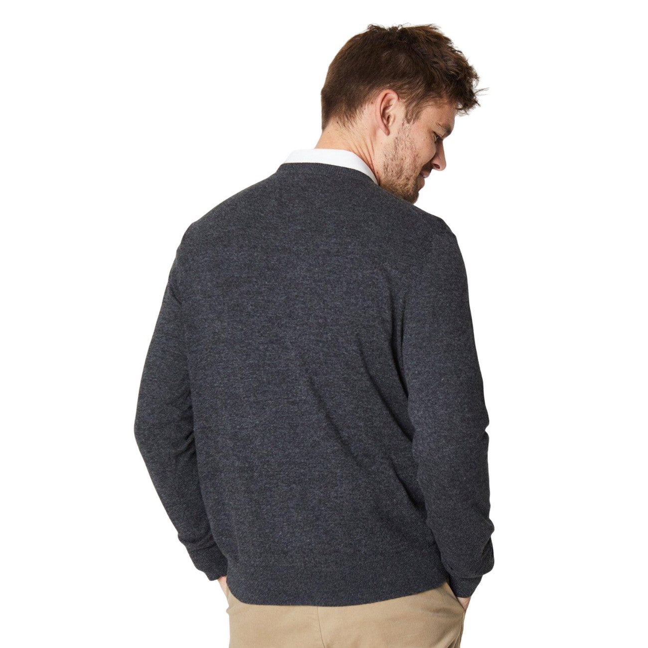 Charcoal - Back - Burton Mens Rich Cotton V Neck Jumper