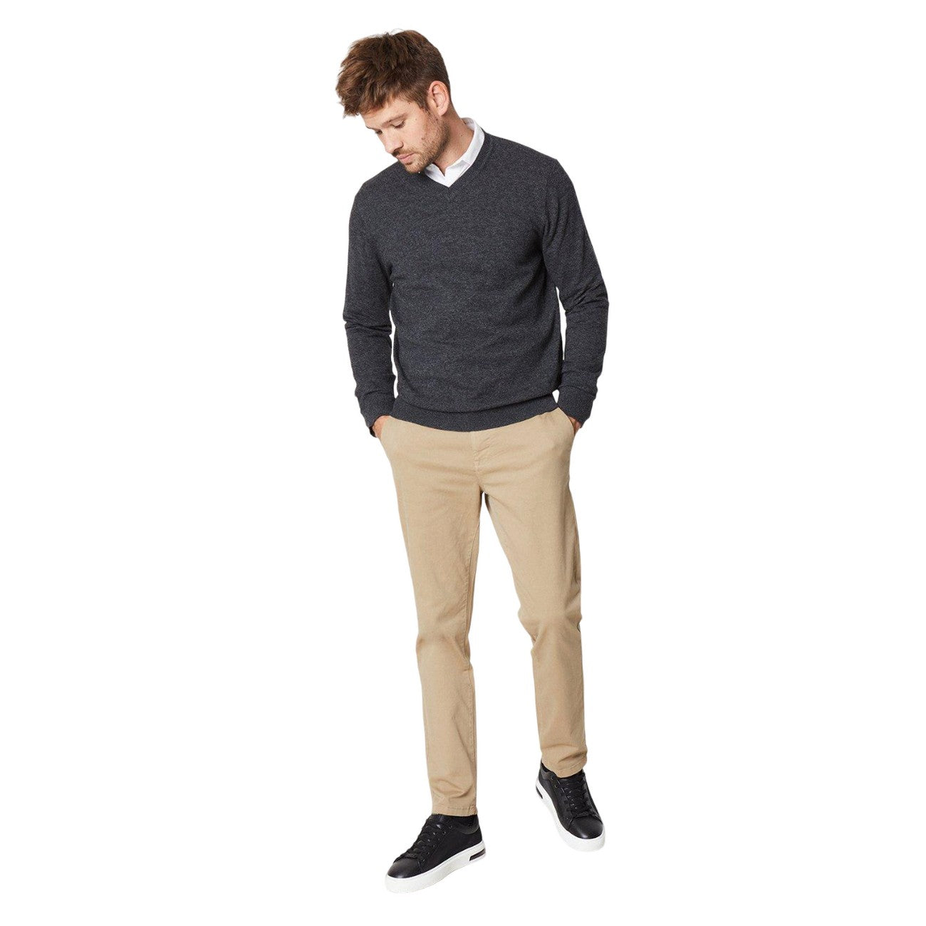Charcoal - Side - Burton Mens Rich Cotton V Neck Jumper