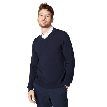 Navy - Front - Burton Mens Rich Cotton V Neck Jumper