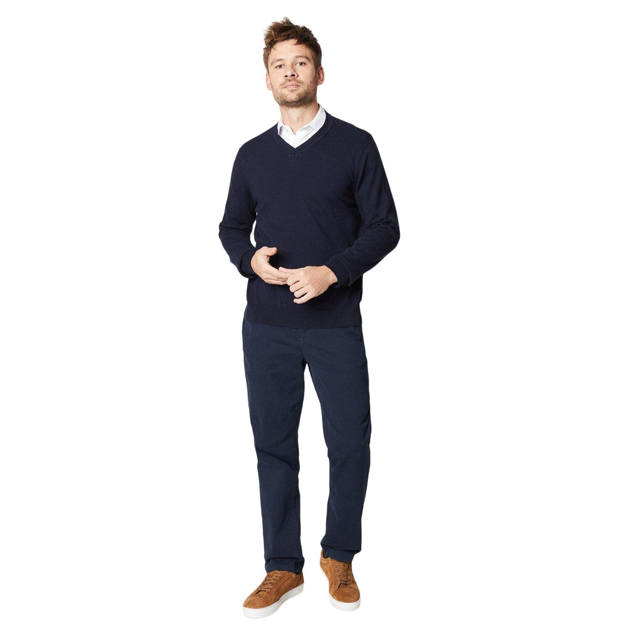 Navy - Side - Burton Mens Rich Cotton V Neck Jumper