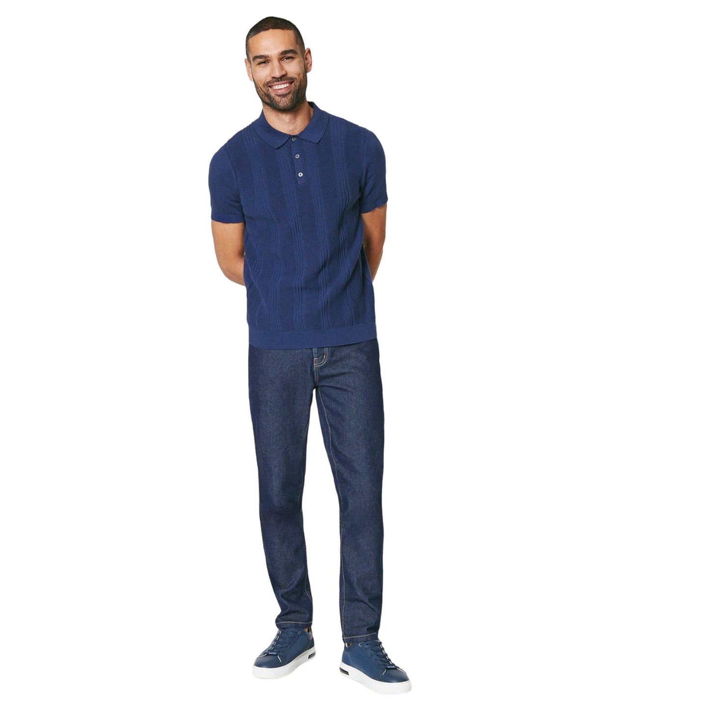 Blue - Side - Burton Mens Open Stitch Knitted Polo Shirt