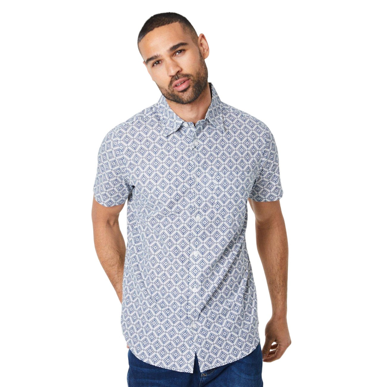 Blue - Front - Burton Mens Diamond Tile Print Short-Sleeved Shirt
