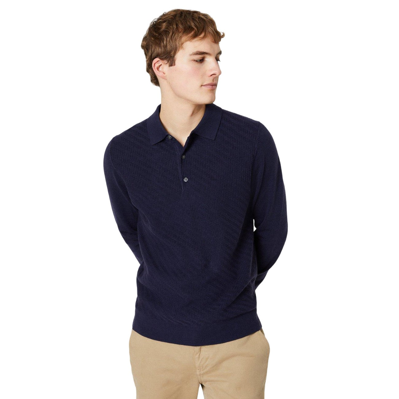 Navy - Front - Burton Mens Herringbone Knitted Long-Sleeved Polo Shirt
