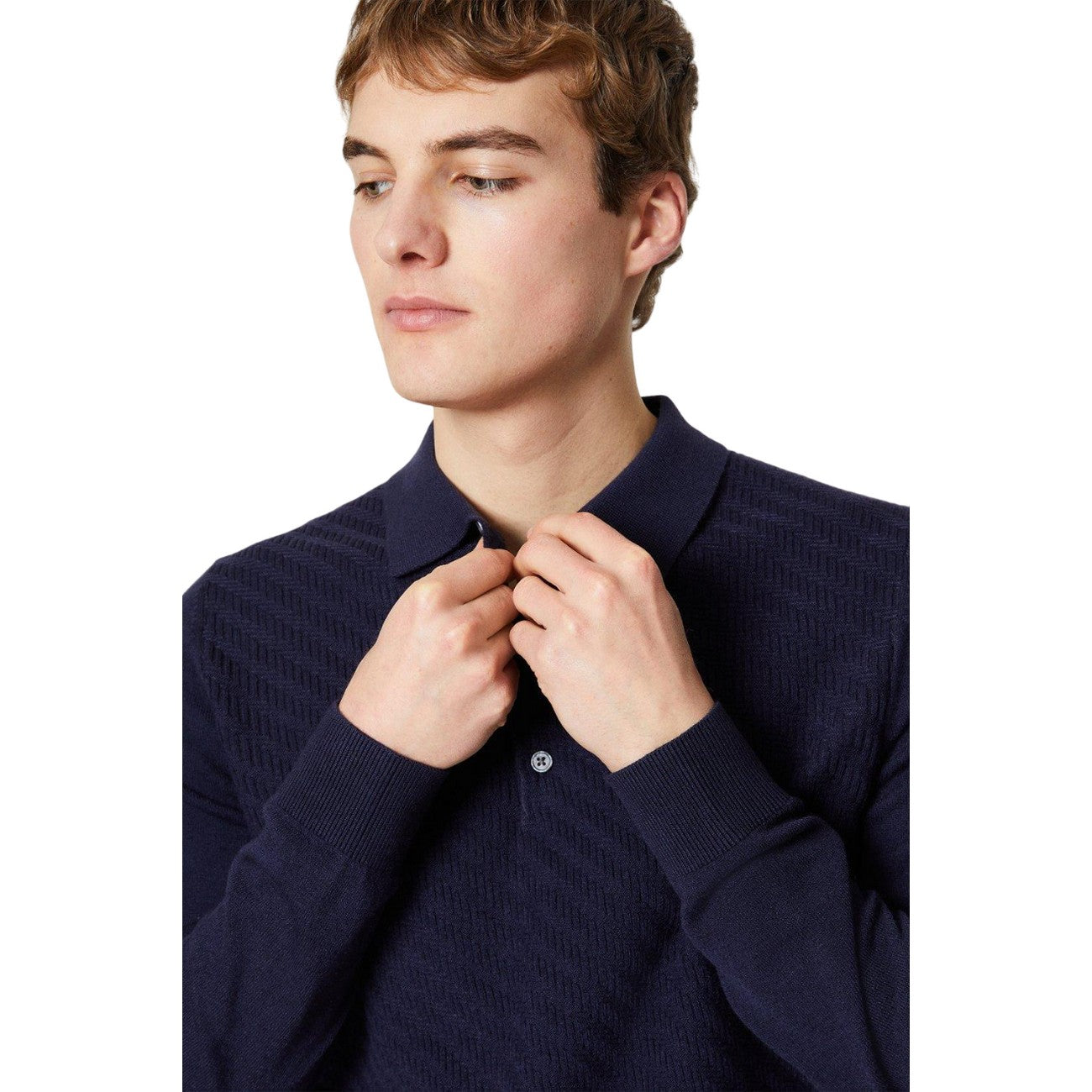 Navy - Side - Burton Mens Herringbone Knitted Long-Sleeved Polo Shirt