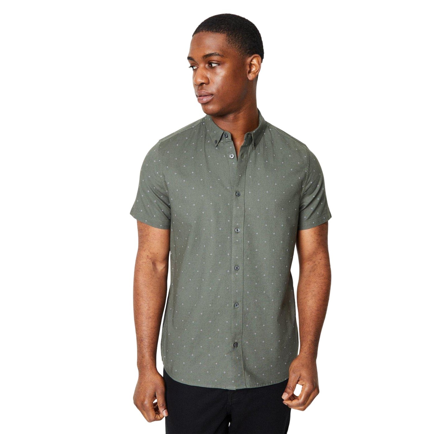 Khaki Green - Front - Burton Mens Ditsy Print Short-Sleeved Shirt