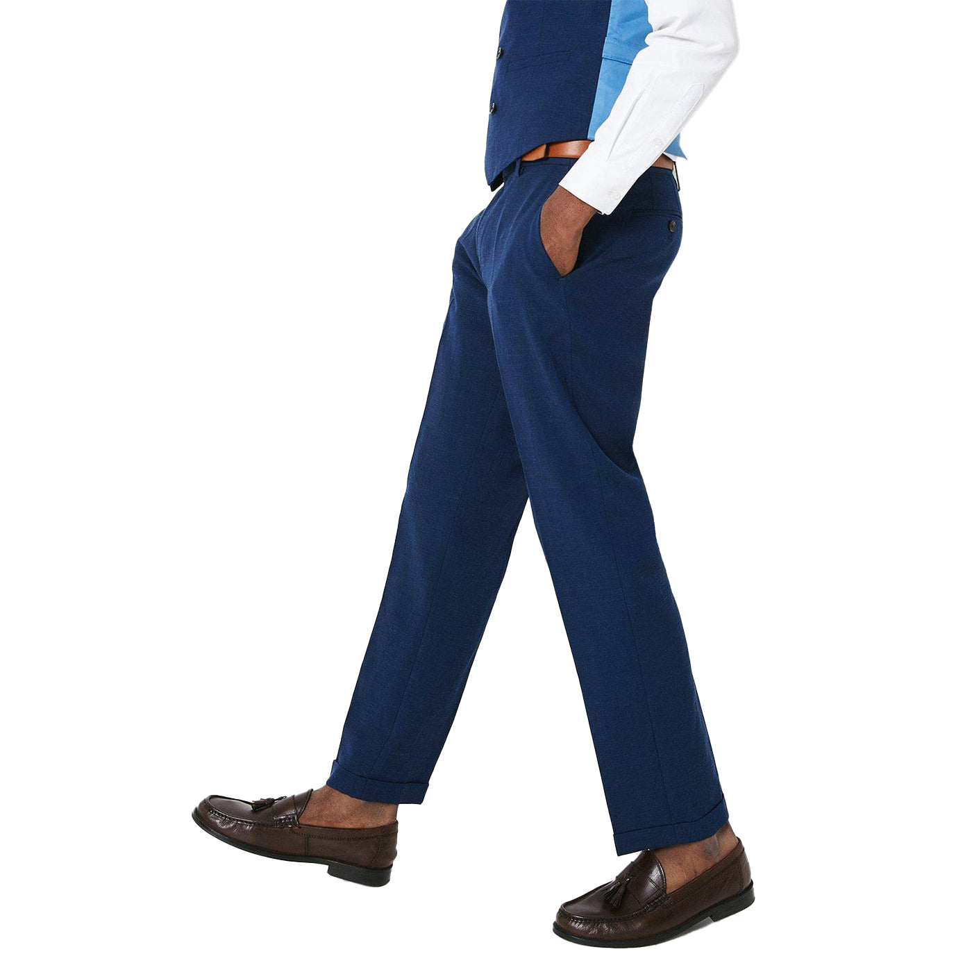 Navy - Side - Burton Mens Linen Tailored Wedding Suit Trousers