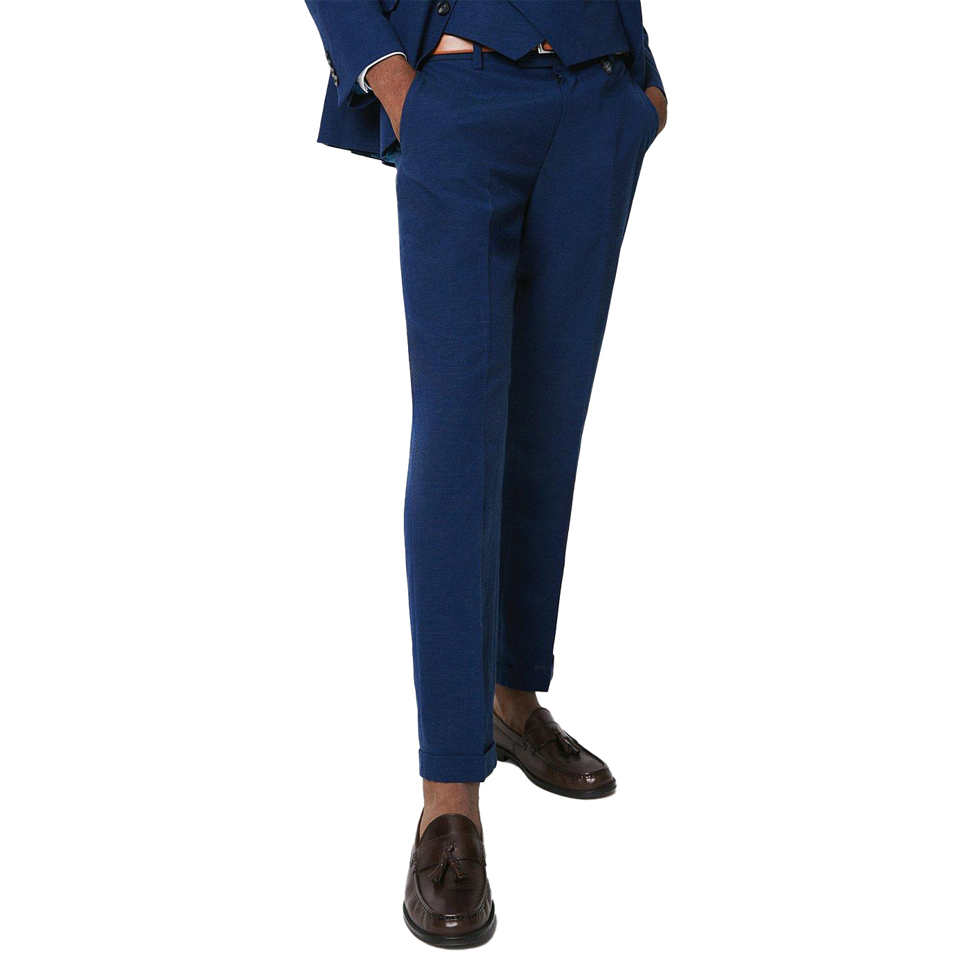 Navy - Front - Burton Mens Linen Tailored Wedding Suit Trousers