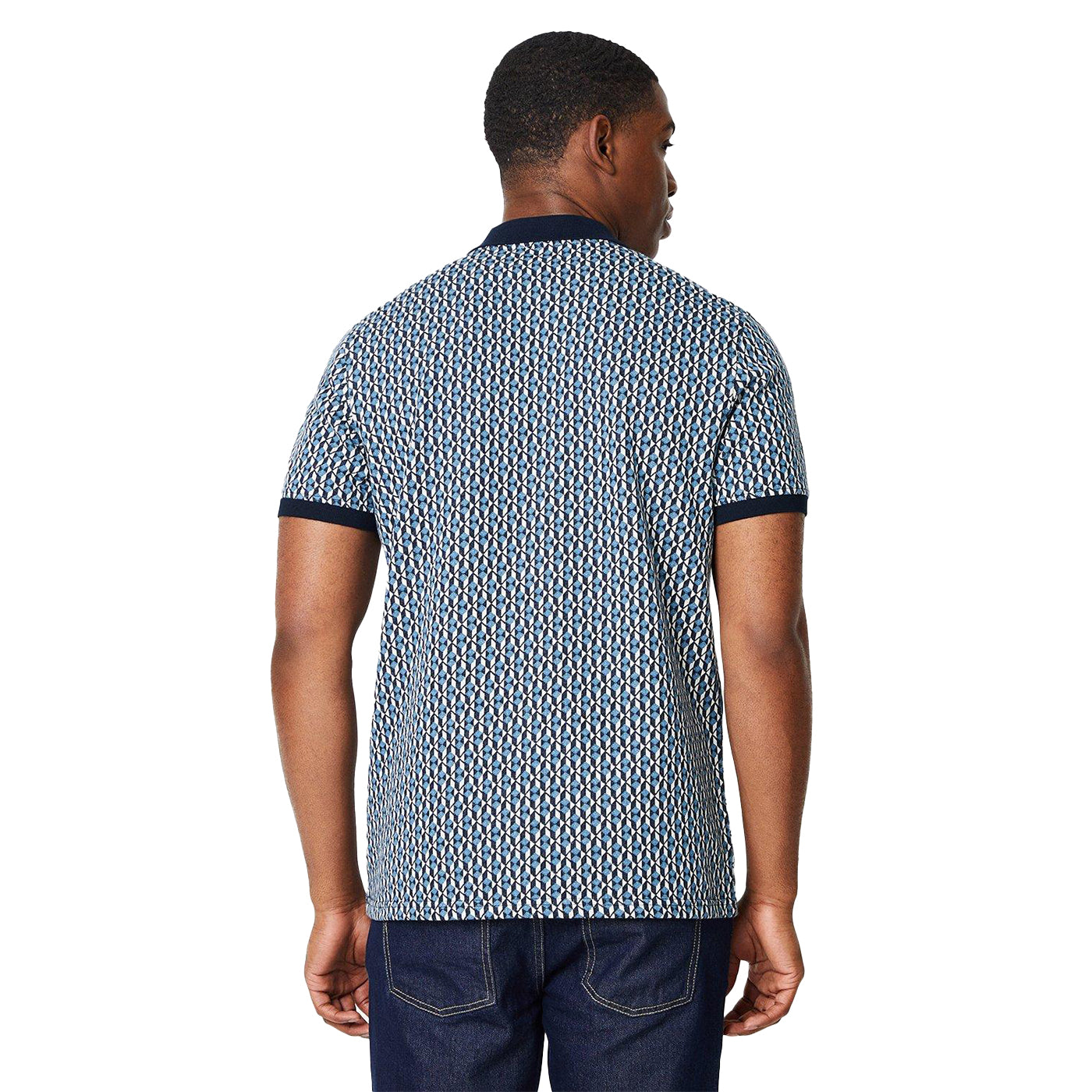 Blue - Back - Burton Mens Geometric Jacquard Zip Neck Polo Shirt