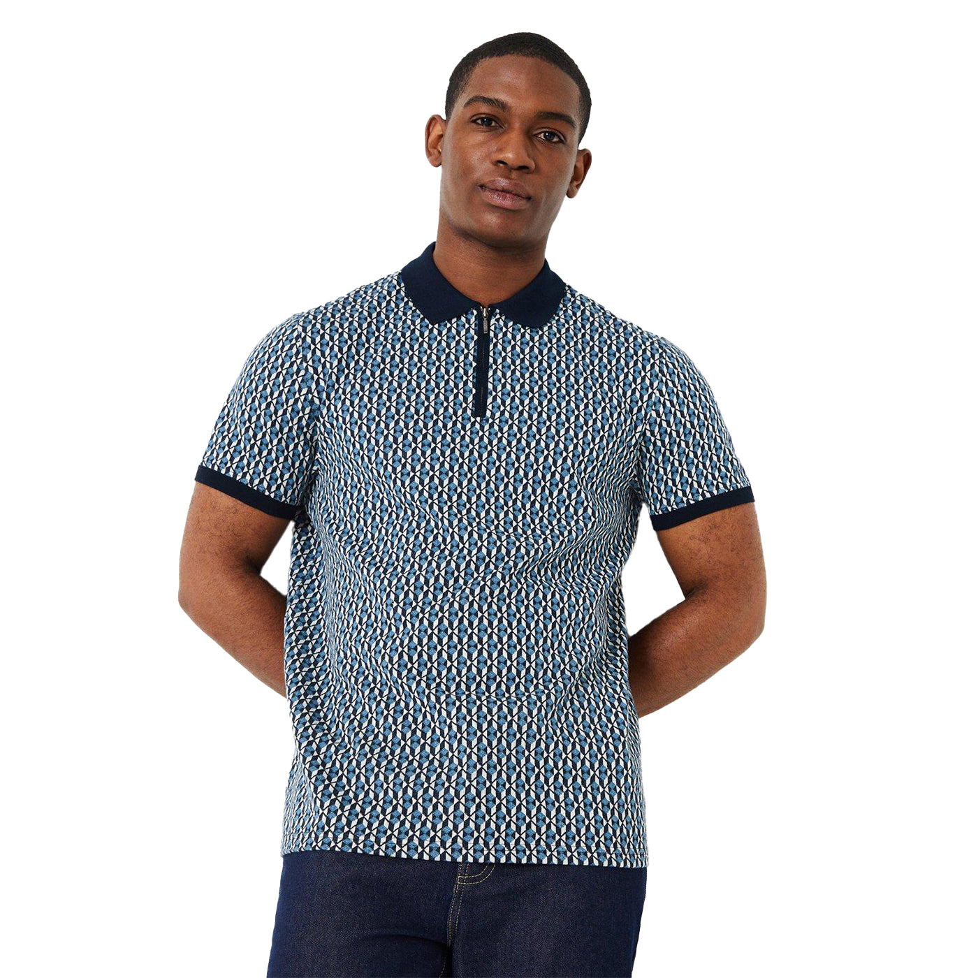 Blue - Front - Burton Mens Geometric Jacquard Zip Neck Polo Shirt