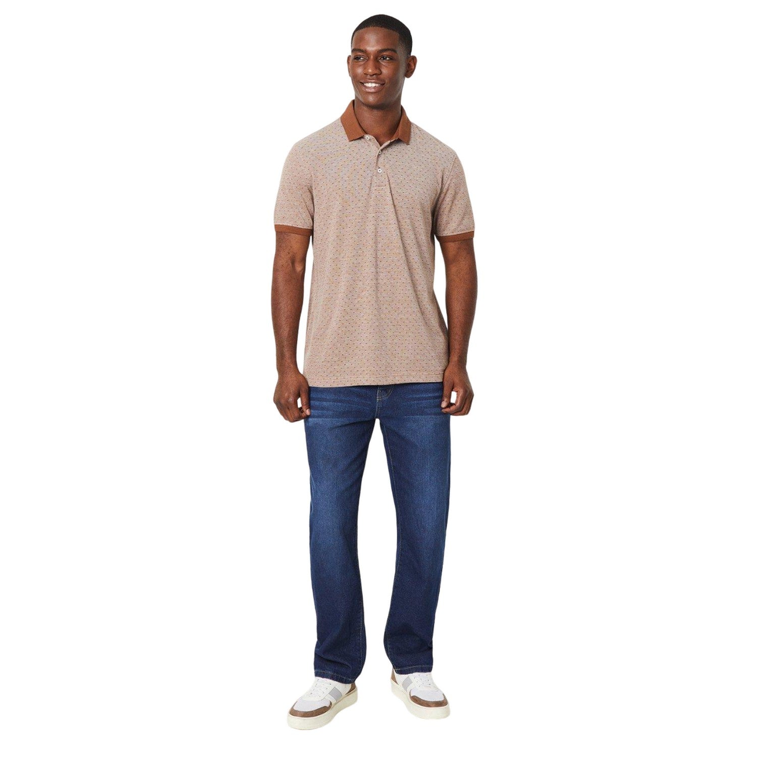 Brown - Side - Burton Mens Jacquard Ribbed Collar Polo Shirt