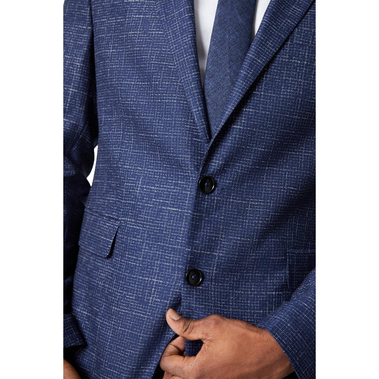 Navy - Side - Burton Mens Grid Textured Single-Breasted Suit Jacket