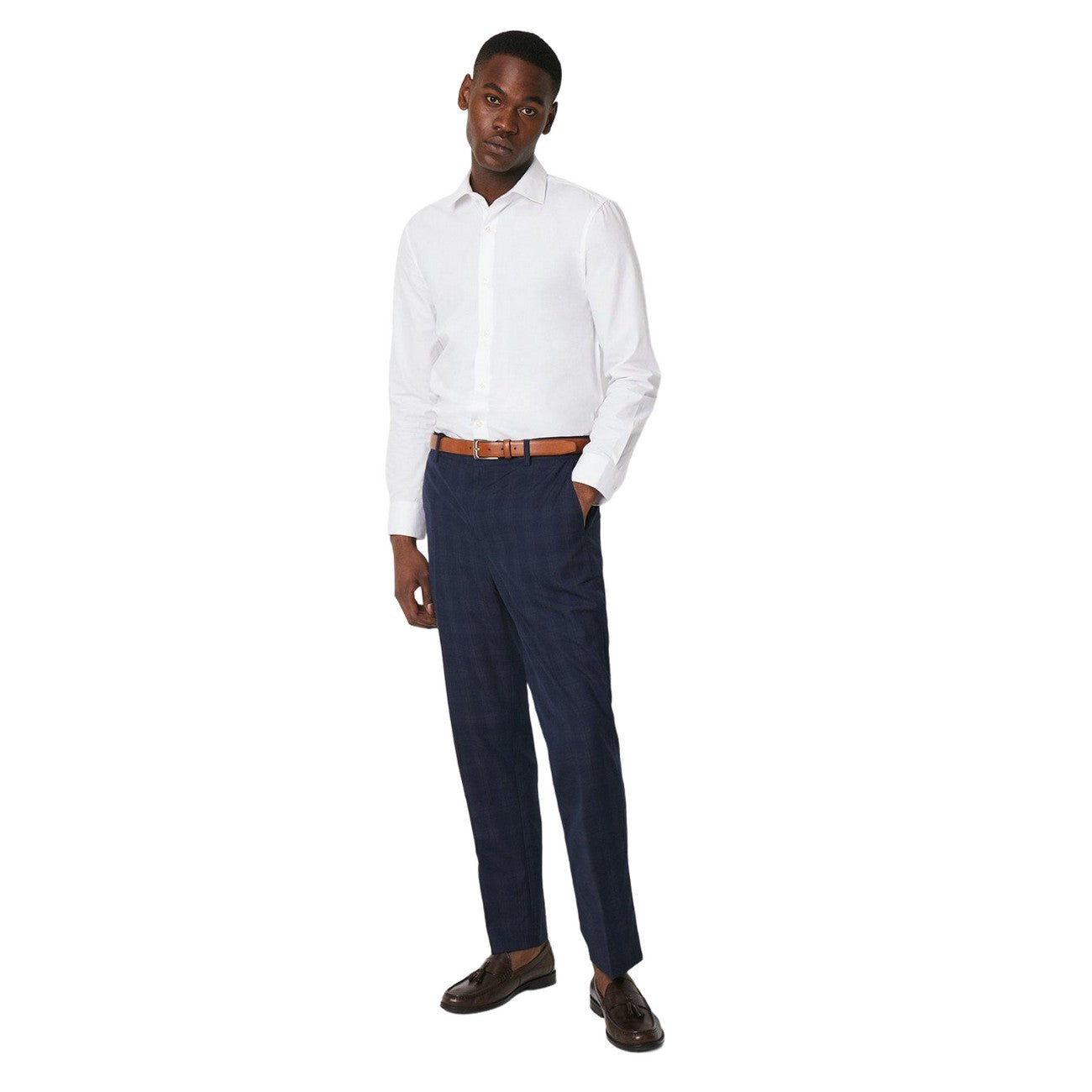 Navy - Side - Burton Mens Checked Tailored Suit Trousers