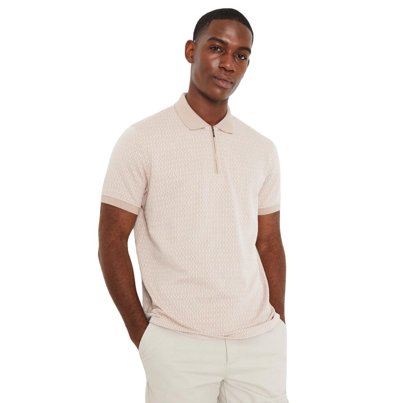 Stone - Front - Burton Mens Geometric Linear Polo Shirt