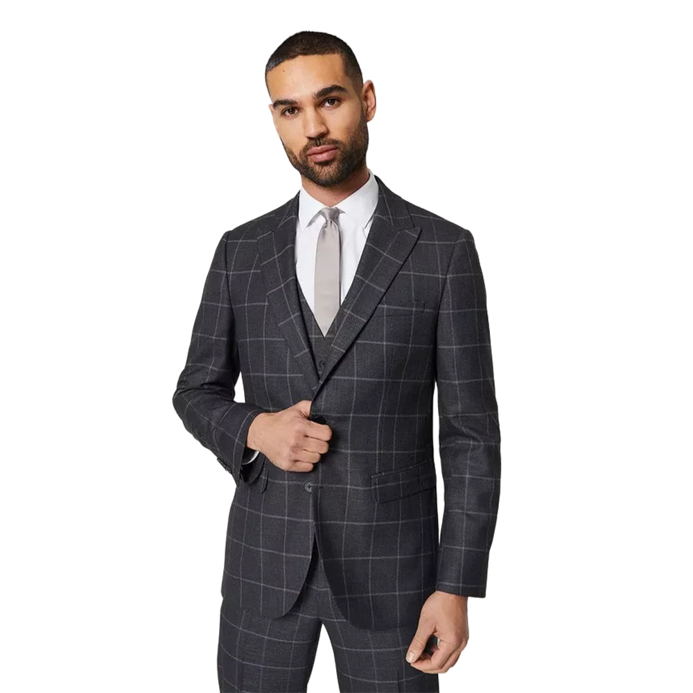 Charcoal - Front - Burton Mens Windowpane Check Slim Tailored Suit Jacket