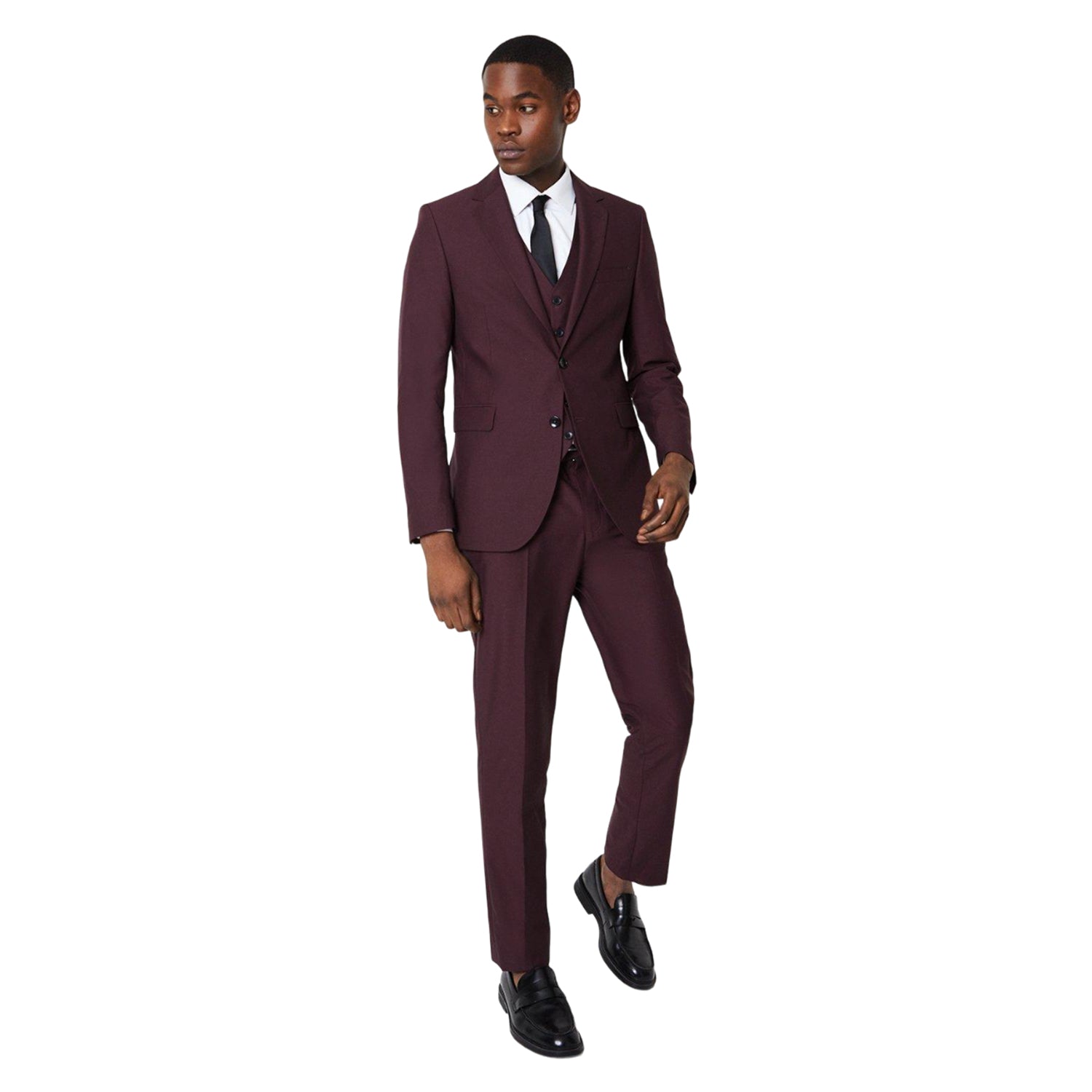 Burgundy - Side - Burton Mens Two Button Slim Tailored Suit Jacket