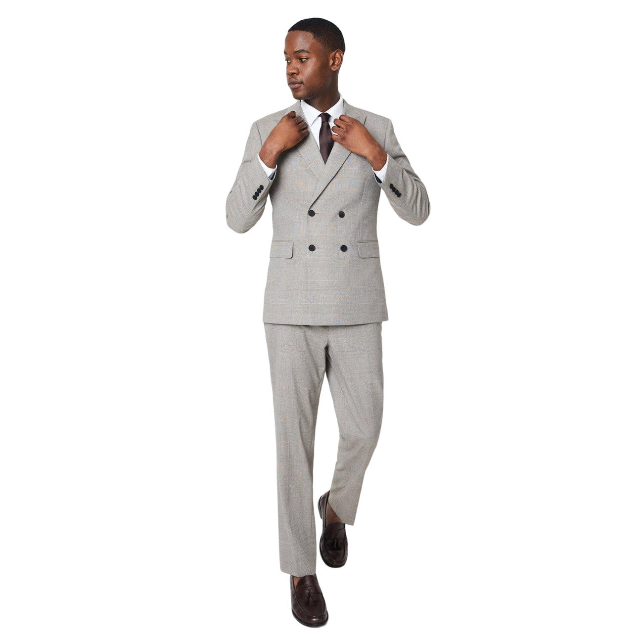 Neutral - Side - Burton Mens Prince Of Wales Check Double-Breasted Tailored Suit Jacket