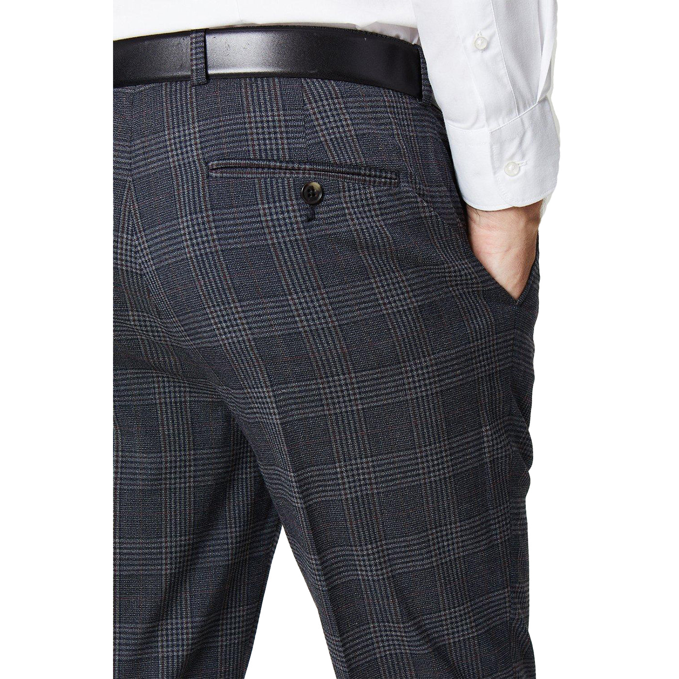 Burgundy - Side - Burton Mens Retro Check Slim Suit Trousers