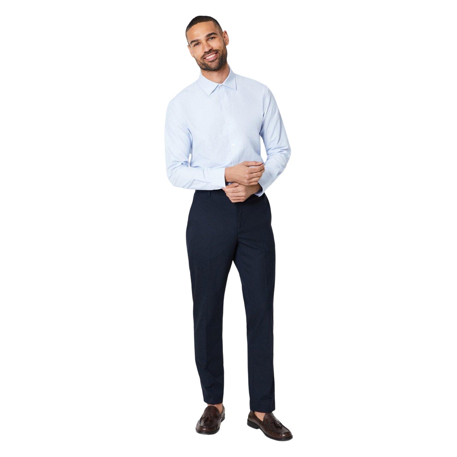 Blue - Side - Burton Mens Mini Check Easy-Iron Slim Formal Shirt