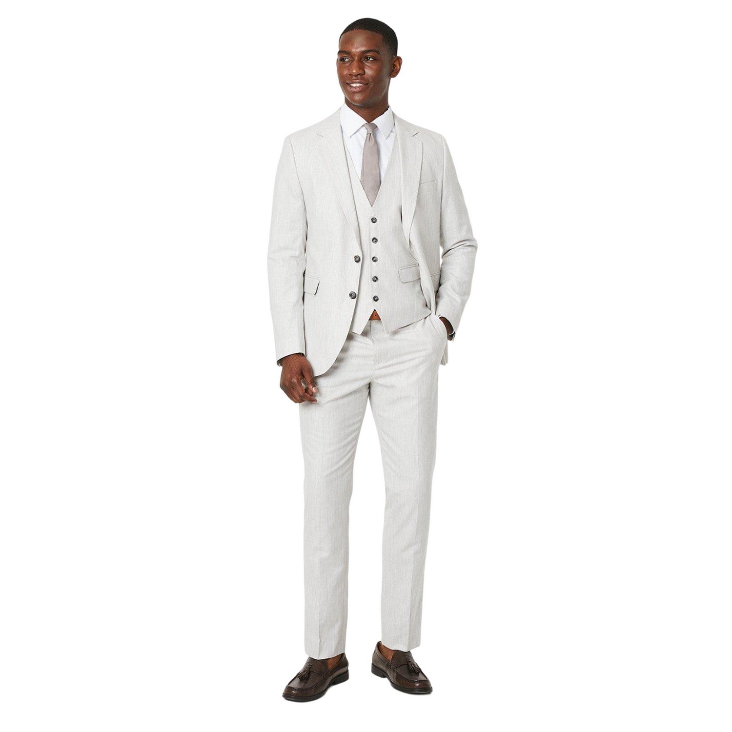 Pale Grey - Side - Burton Mens Linen Blend Slim Suit Trousers