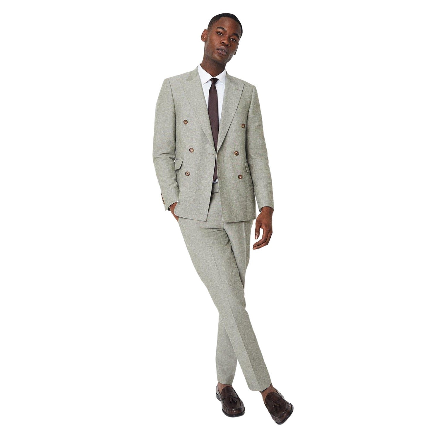 Khaki Grey - Side - Burton Mens Monaco Linen Slim Suit Trousers