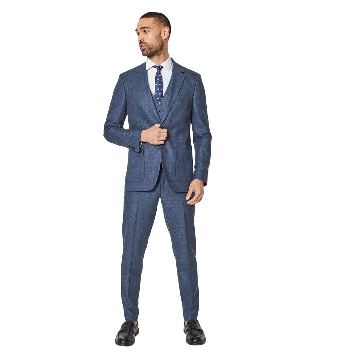 Navy - Side - Burton Mens Linen-Look Suit Trousers