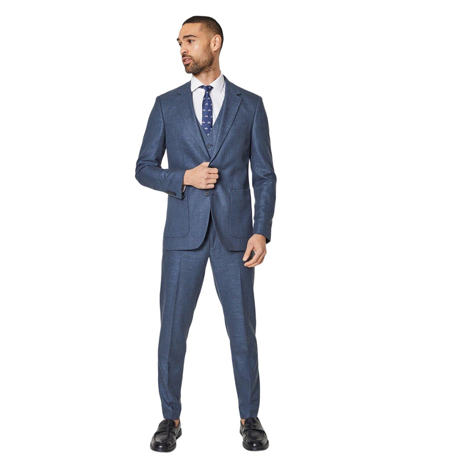 Navy - Side - Burton Mens Linen-Look Suit Trousers