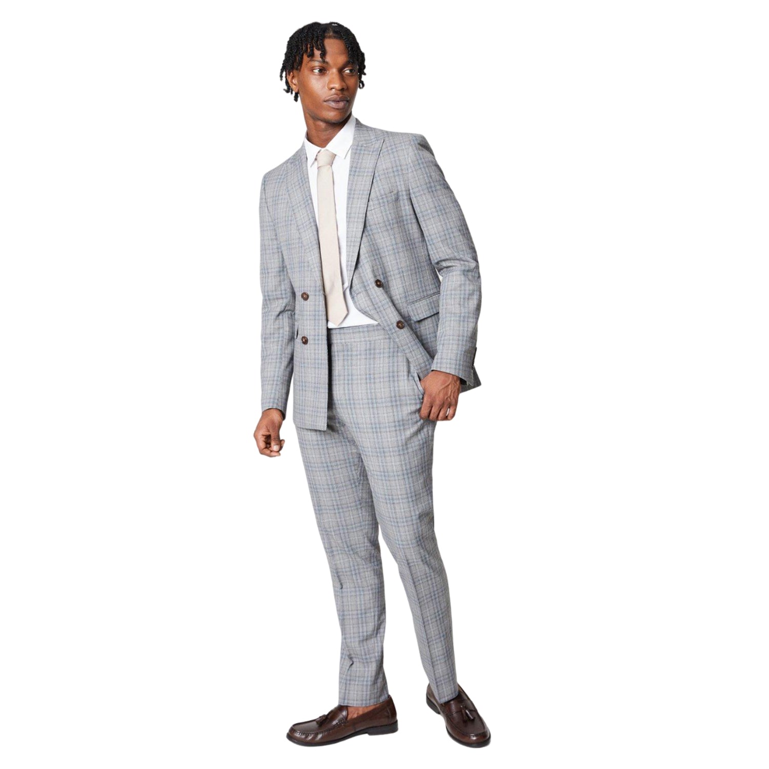 Grey - Side - Burton Mens Highlight Checked Suit Trousers