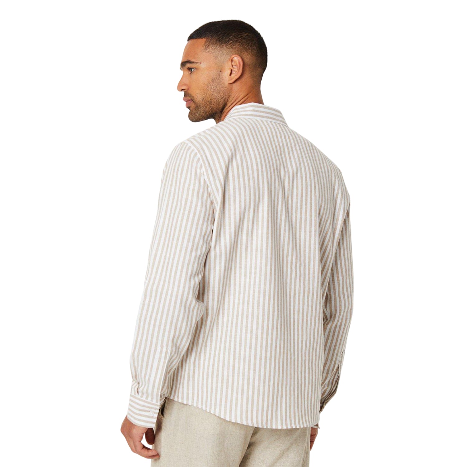 Tan - Back - Burton Mens Stripe Linen Blend Long-Sleeved Shirt