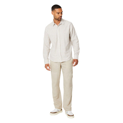 Tan - Side - Burton Mens Stripe Linen Blend Long-Sleeved Shirt