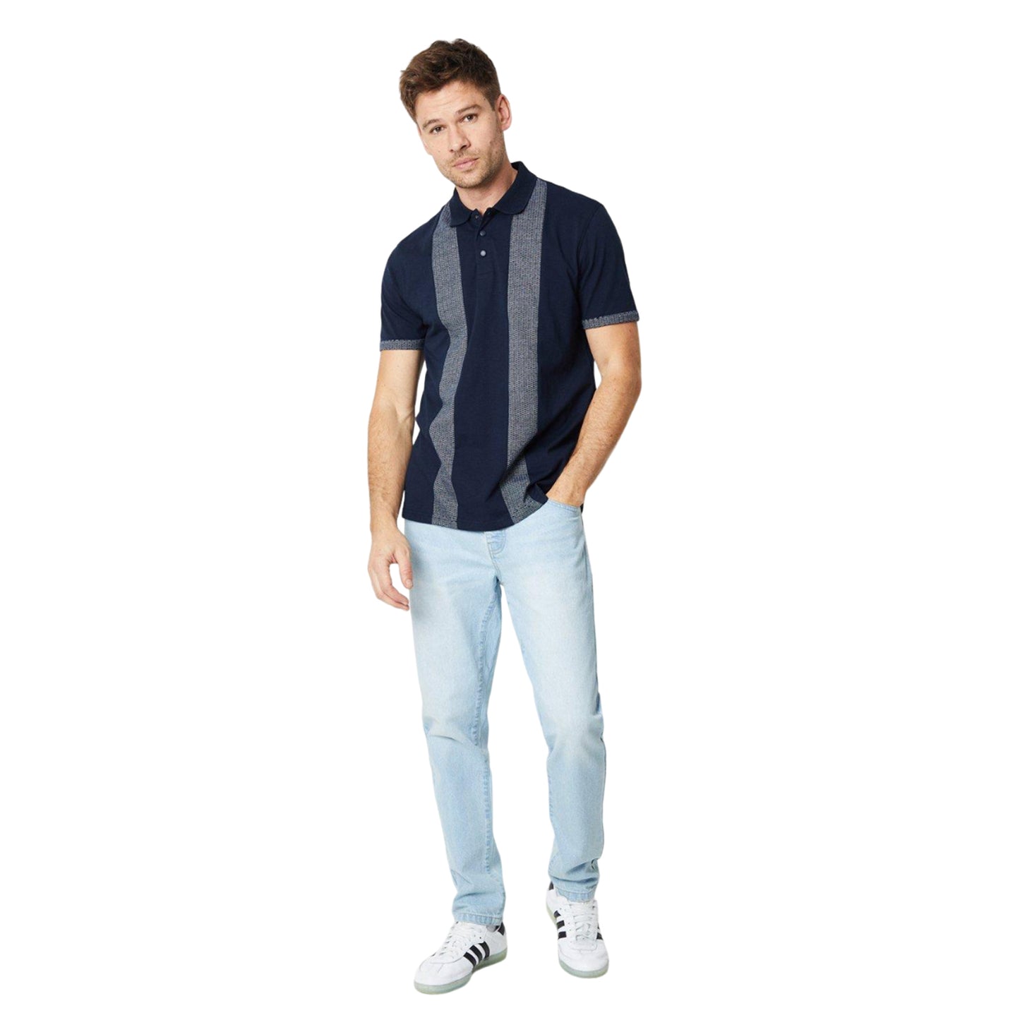 Navy - Side - Burton Mens Dash Panelled Jacquard Polo Shirt