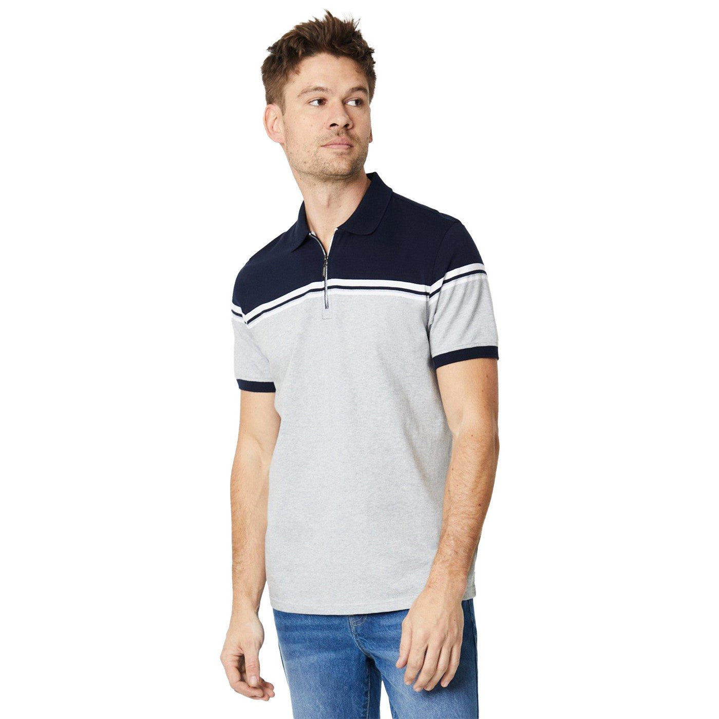 Navy - Front - Burton Mens Contrast Zip Neck Polo Shirt