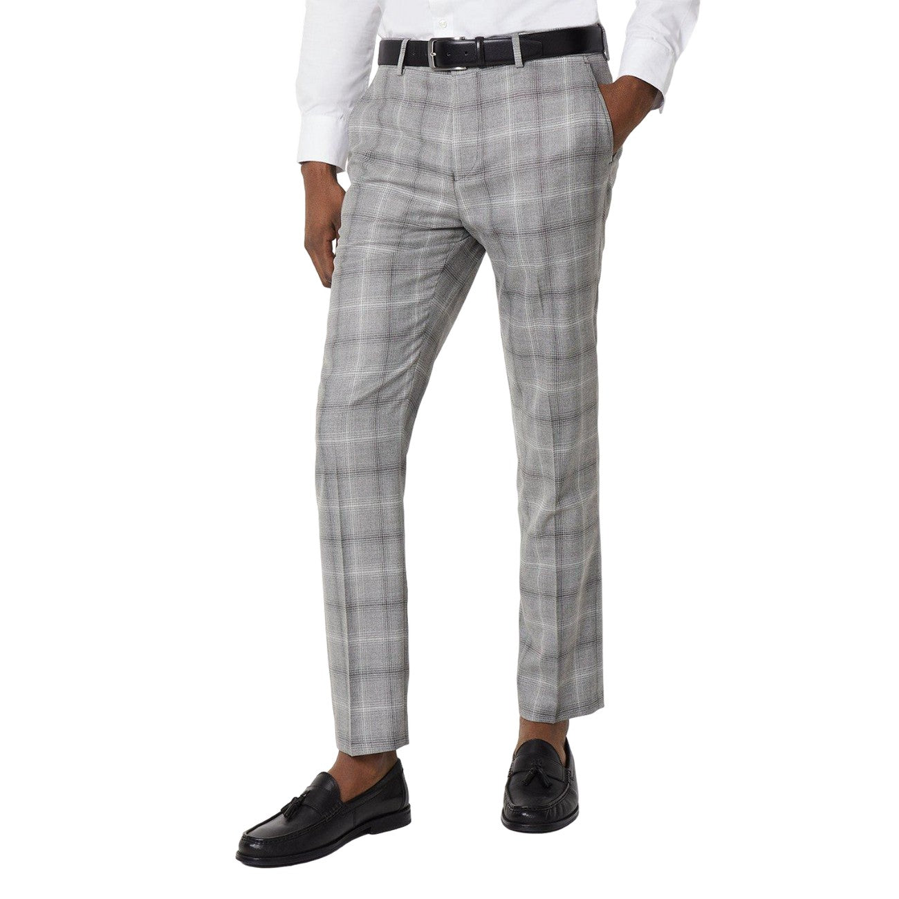 Grey - Front - Burton Mens Checked Slim Tailored Suit Trousers