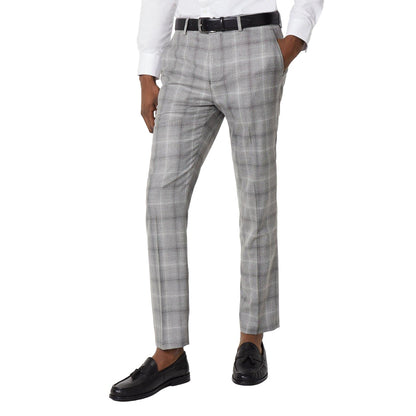 Grey - Front - Burton Mens Checked Slim Tailored Suit Trousers