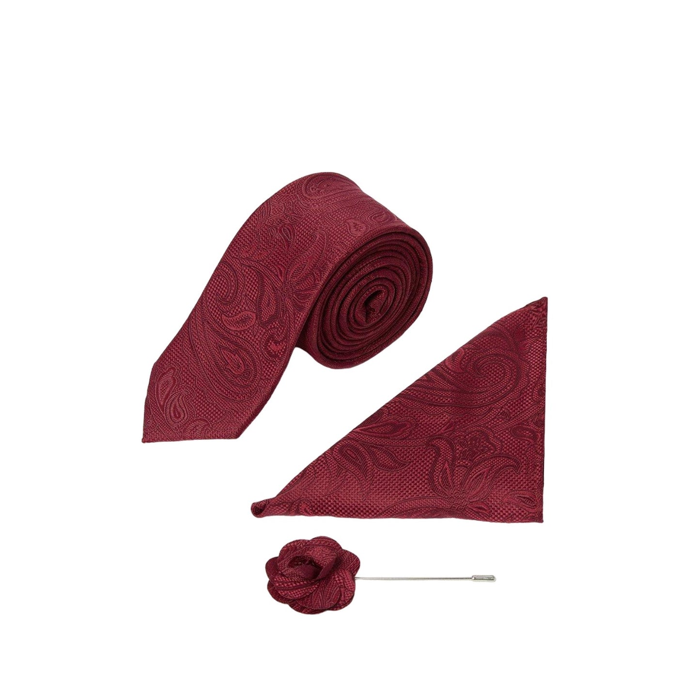 Burgundy - Front - Burton Paisley Wedding Tie Set