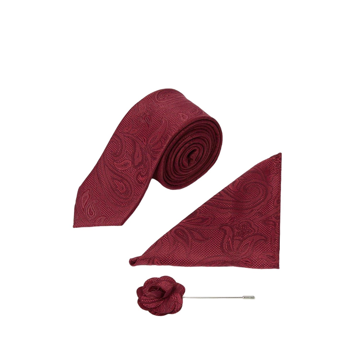 Burgundy - Front - Burton Paisley Wedding Tie Set