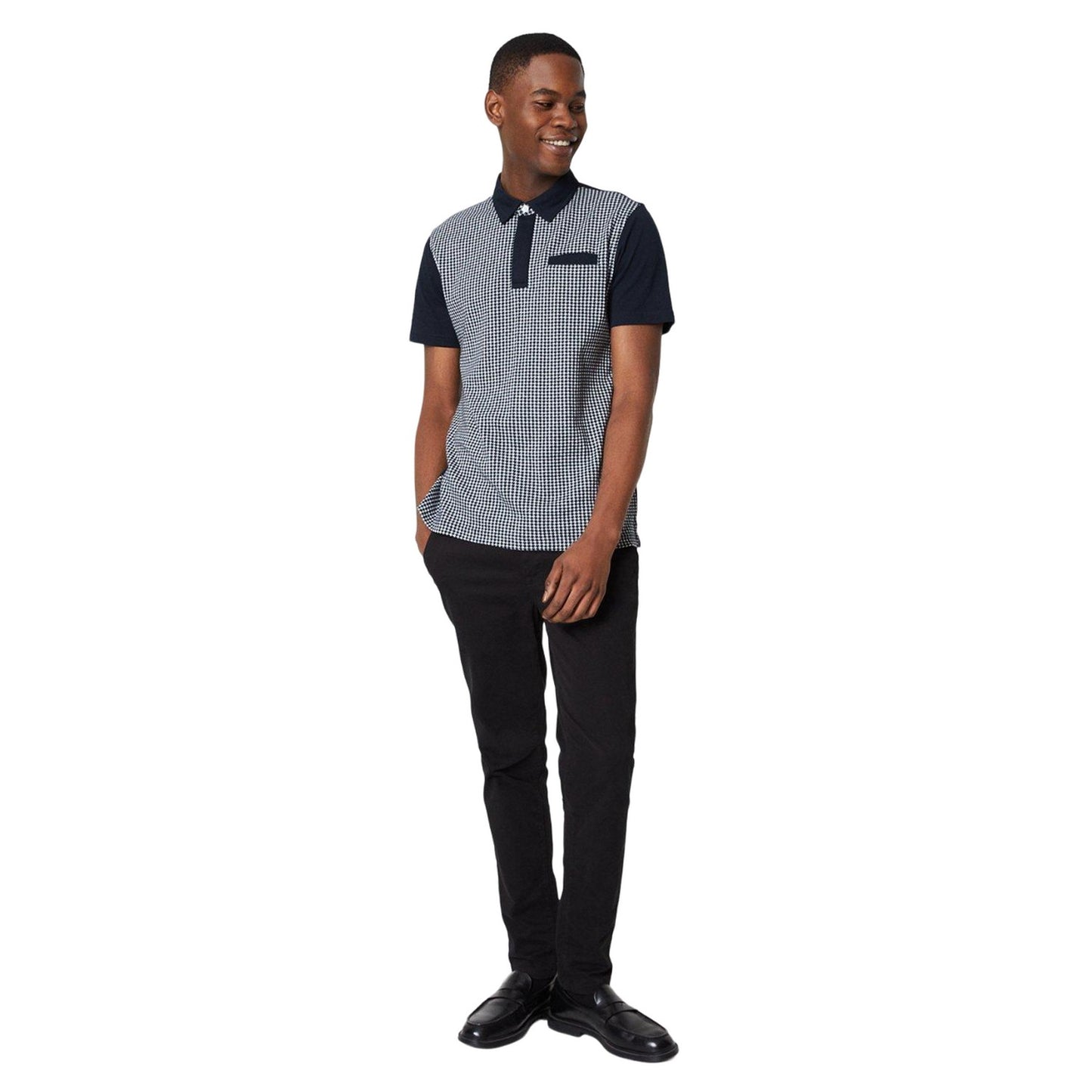 Navy - Side - Burton Mens Puppytooth Panelled Polo Shirt