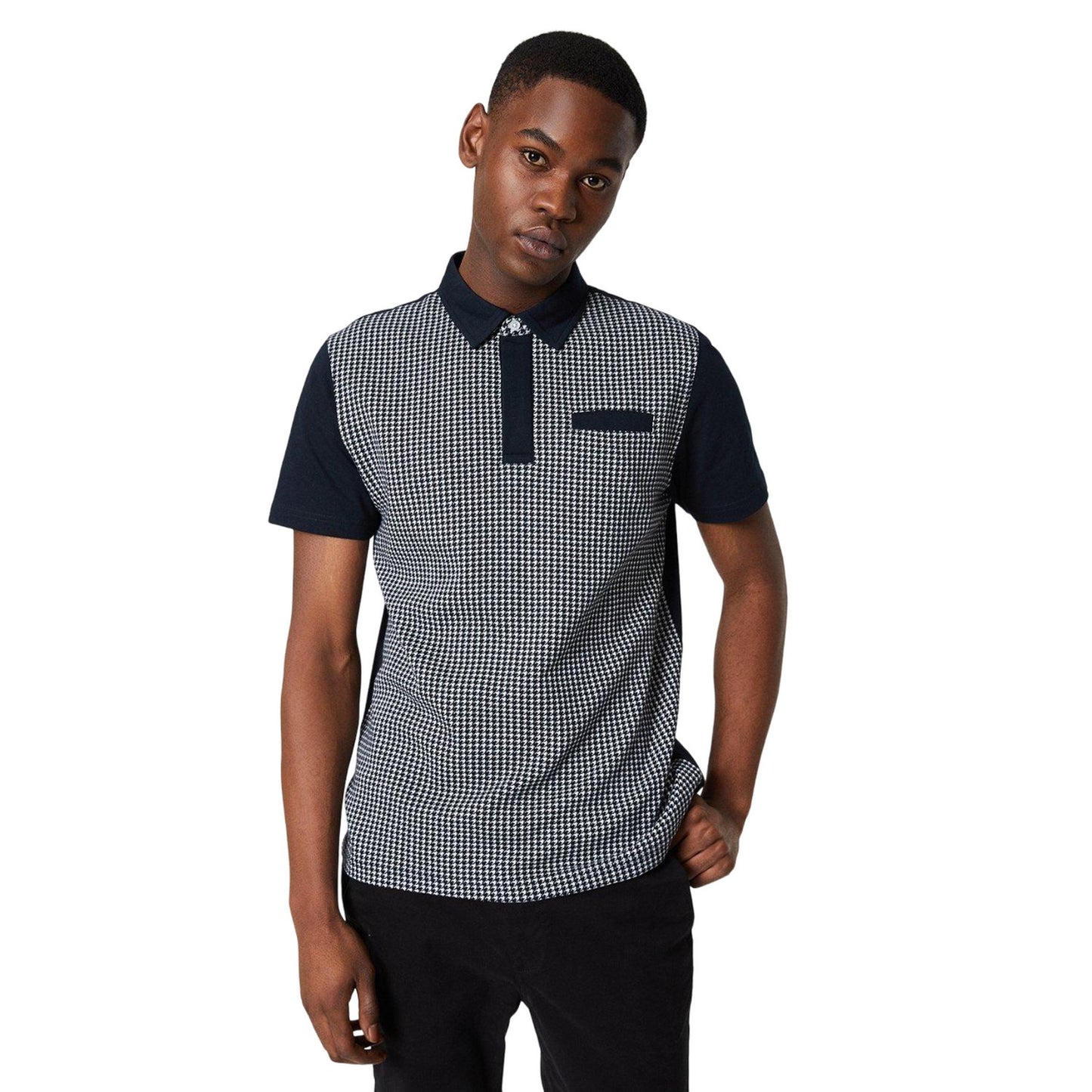 Navy - Front - Burton Mens Puppytooth Panelled Polo Shirt