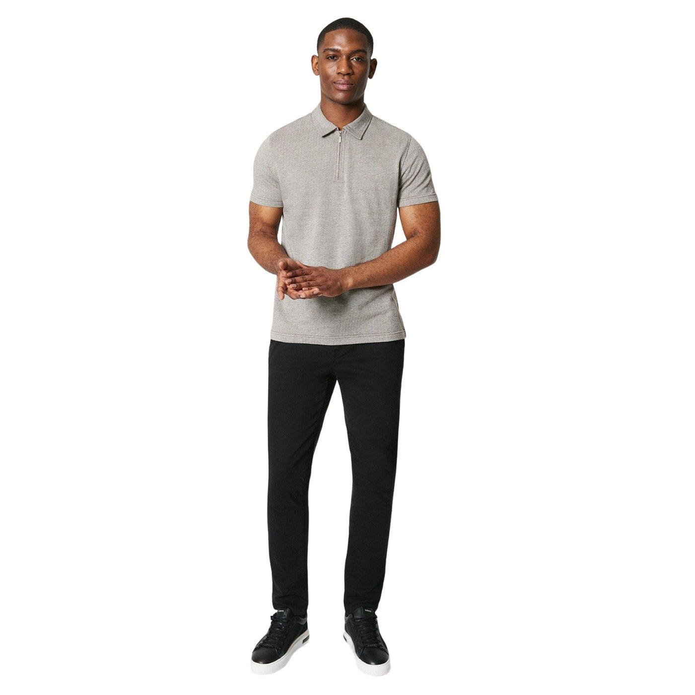Oatmeal - Lifestyle - Burton Mens Herringbone Textured Quarter Zip Polo Shirt