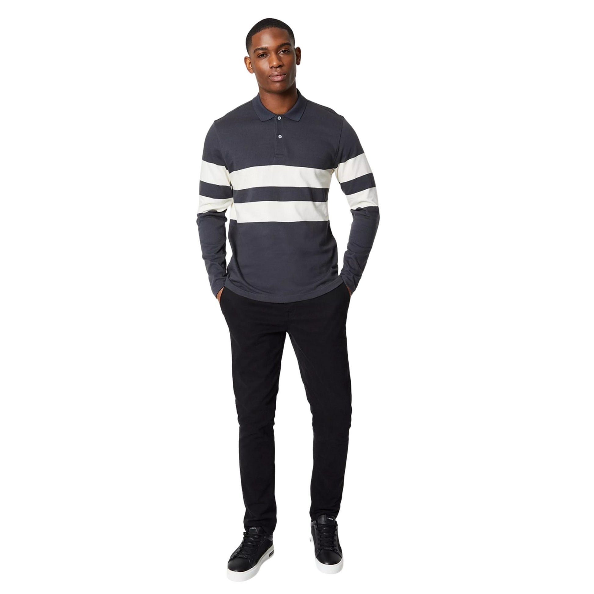 Grey - Side - Burton Mens Placement Rugby Style Long-Sleeved Polo Shirt