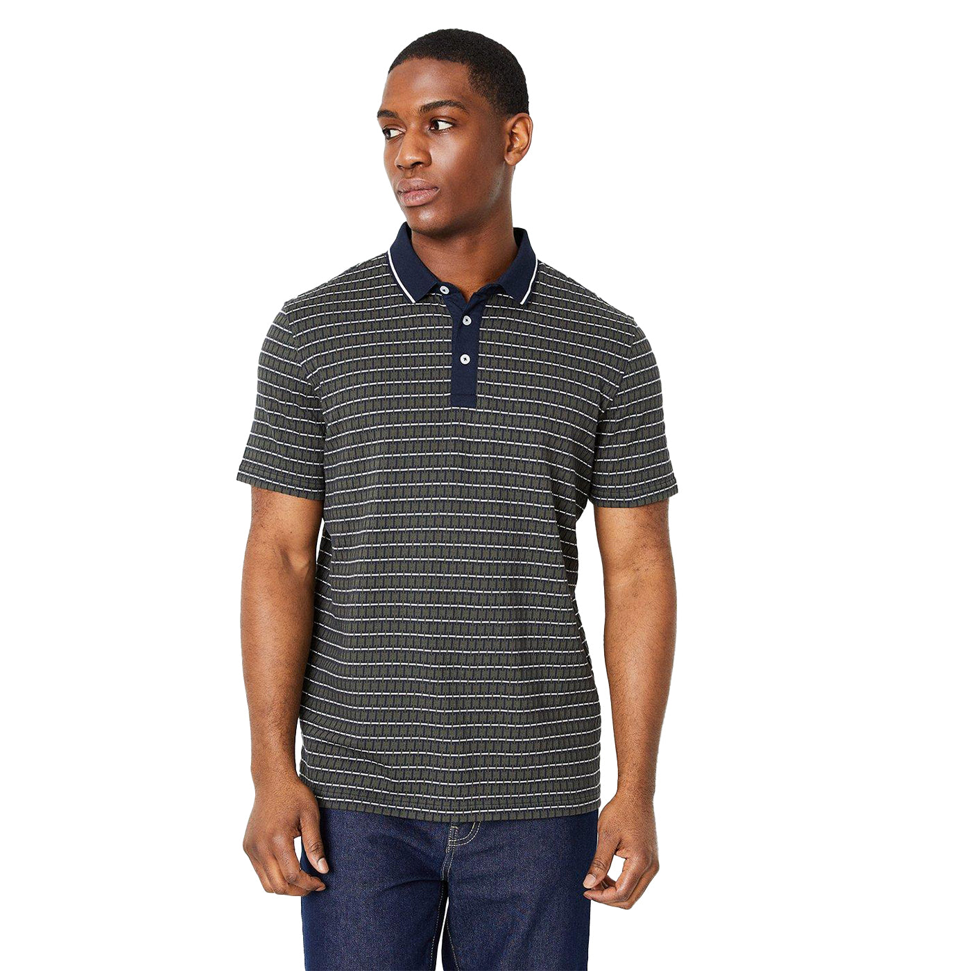 Olive - Front - Burton Mens Chain Geometric Jacquard Polo Shirt