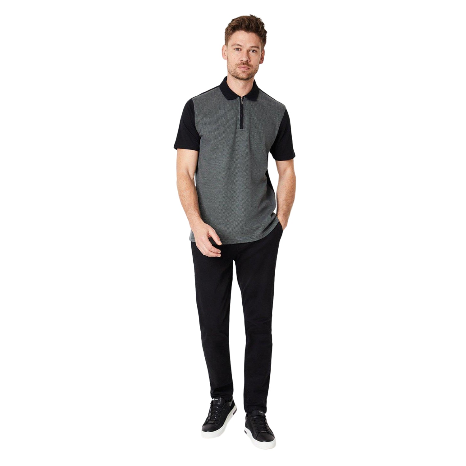 Grey - Side - Burton Mens Popcorn Textured Zip Neck Polo Shirt